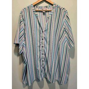 Catherines Blue Green Stripe Short Sleeve V Neck Button Up Top Sz 5X